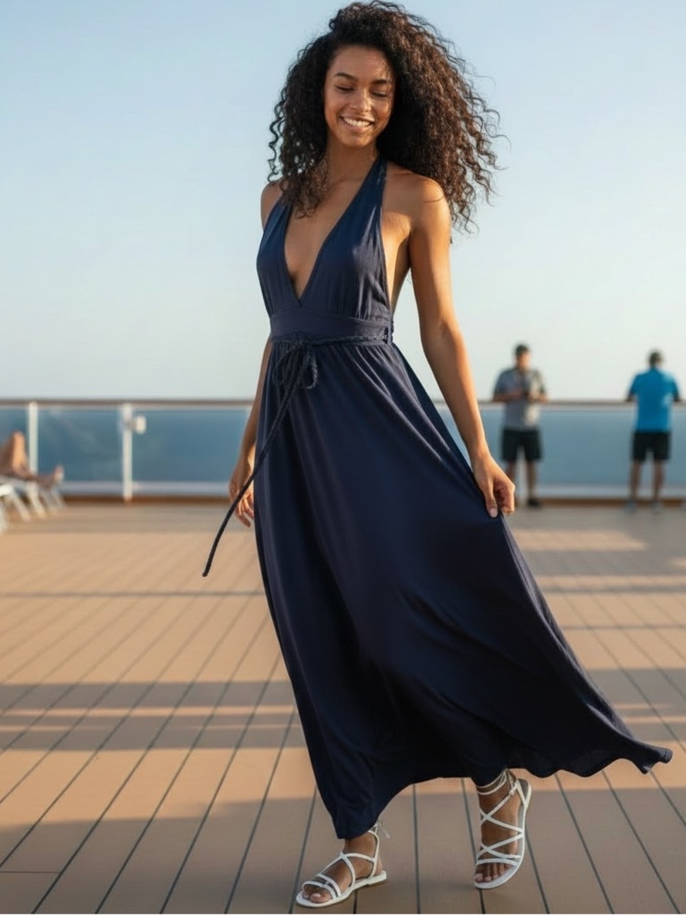 J Crew Navy Blue Halter V-Neck Braided Waist Sleeveless Maxi Sundress Size 4